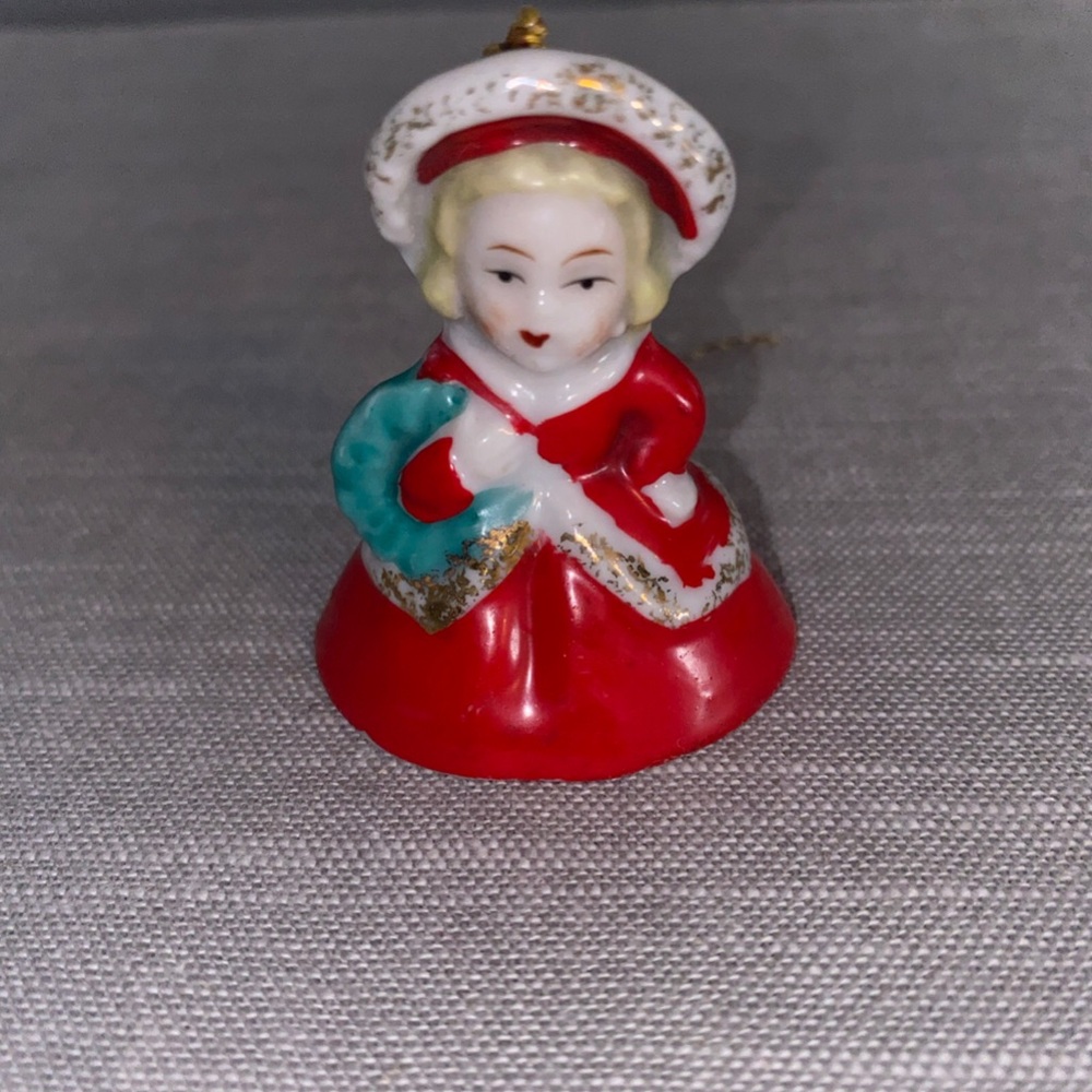 Red Porcelain Holiday Figurine with Teal Wreath mini 2”
